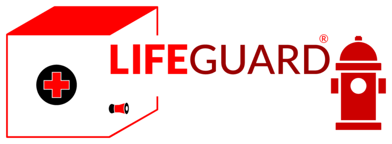 Lifeguard logo with red text, circular cross emblem, and lighthouse icon in red and white